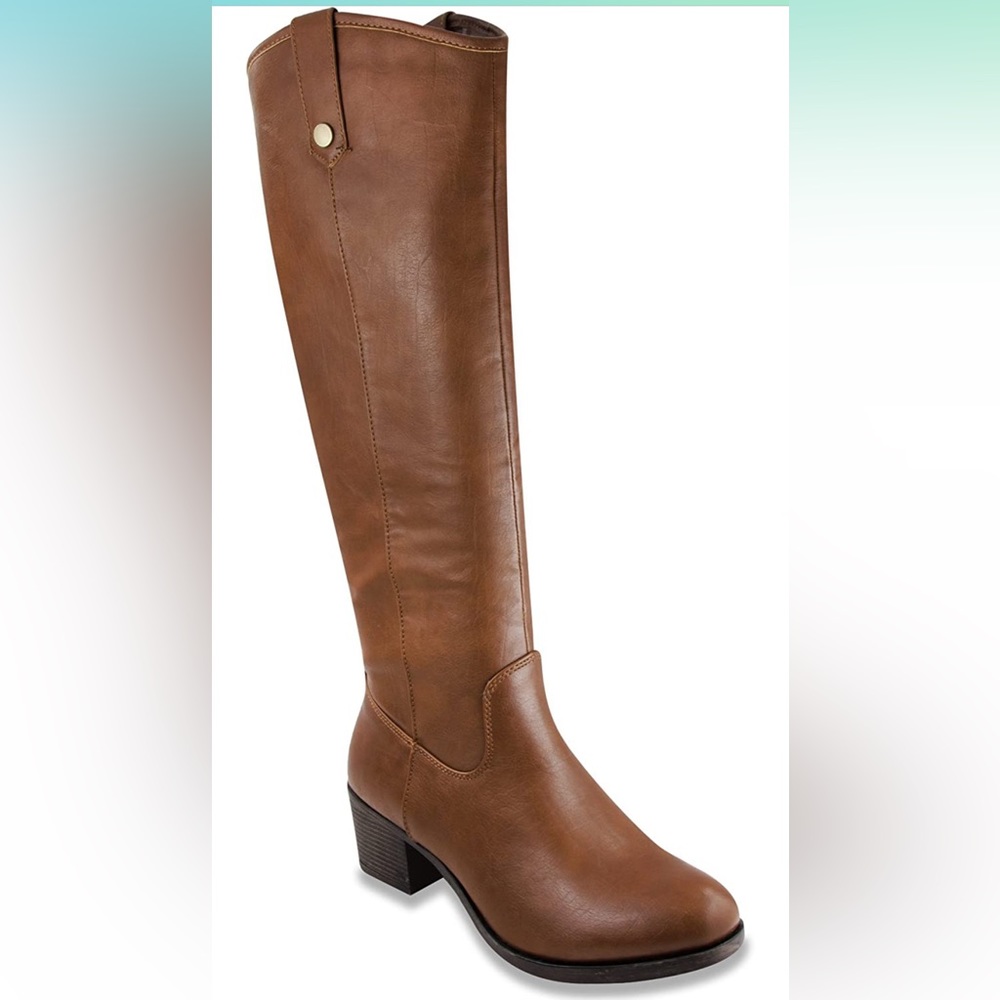 Women's Riding Boot with Double Pull Tab and Studs andSide Zip Closure in Cognac